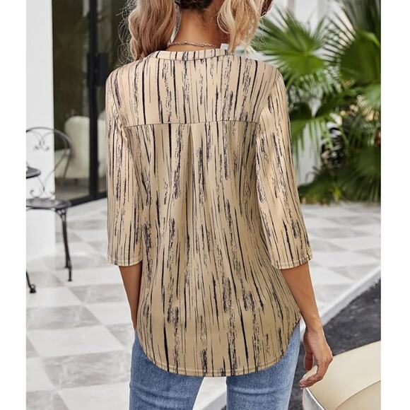 New VALOLIA Women's Beige Stripe 3/4 Sleeve V Neck Casual Tunic Top Size XL - Picture 2 of 7
